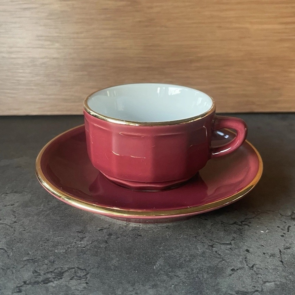 VTG Rare Apilco Burgundy & Gold Coffee Espresso Cup & Saucer Small